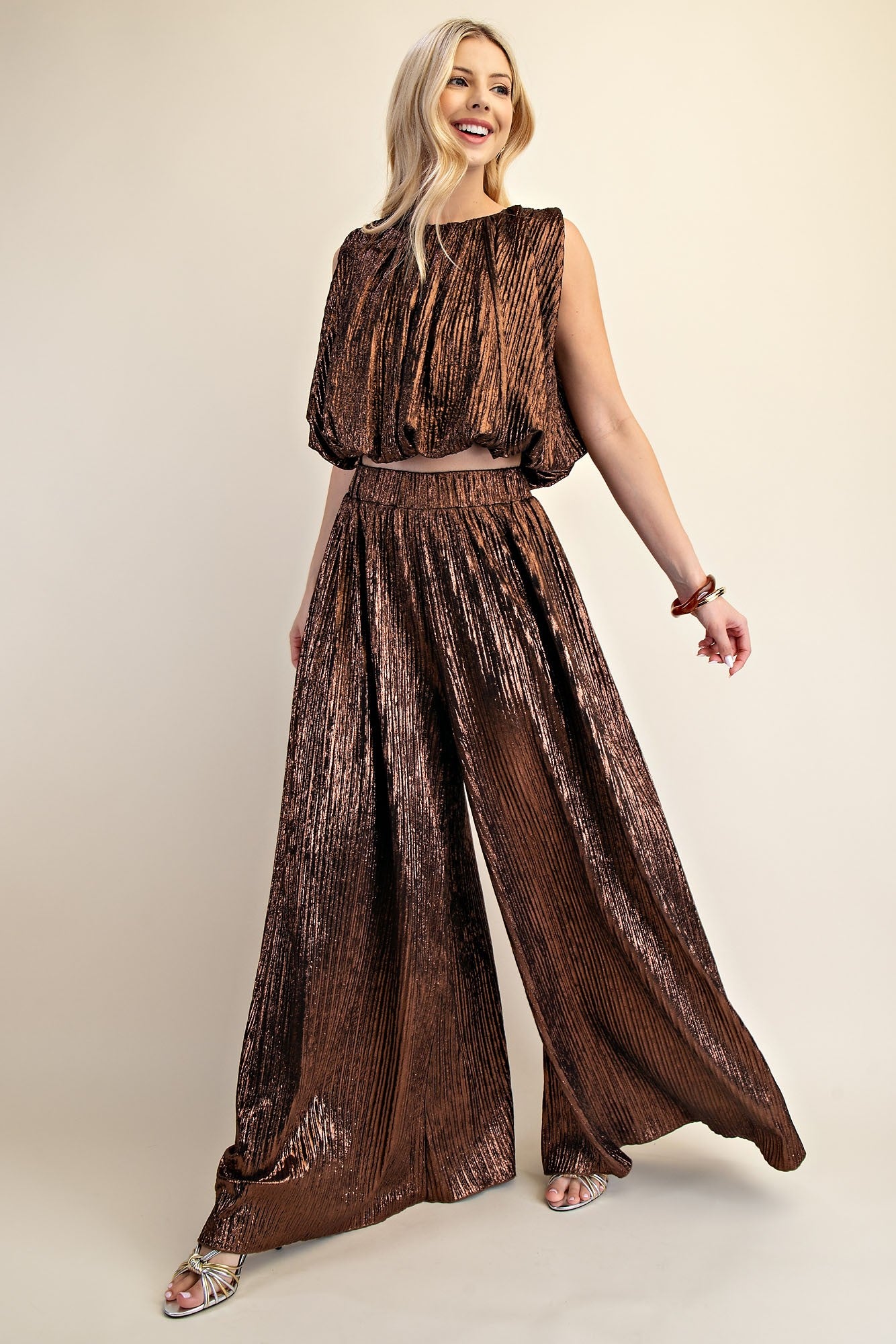 Metallic Bronze Pleated Wide-Leg Palazzo Pants