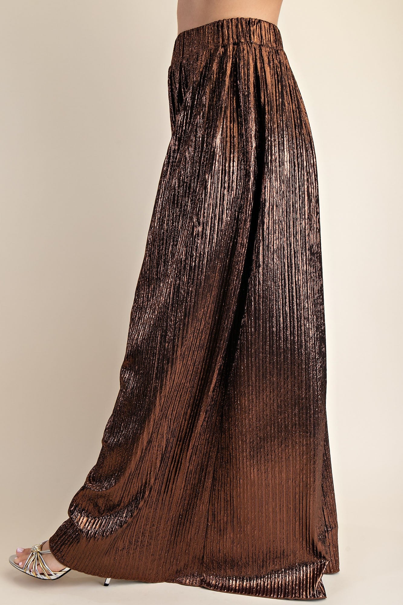 Metallic Bronze Pleated Wide-Leg Palazzo Pants