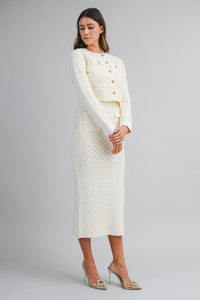 White Tweed Short Sleeve Cropped Jacket and Midi Skirt Set