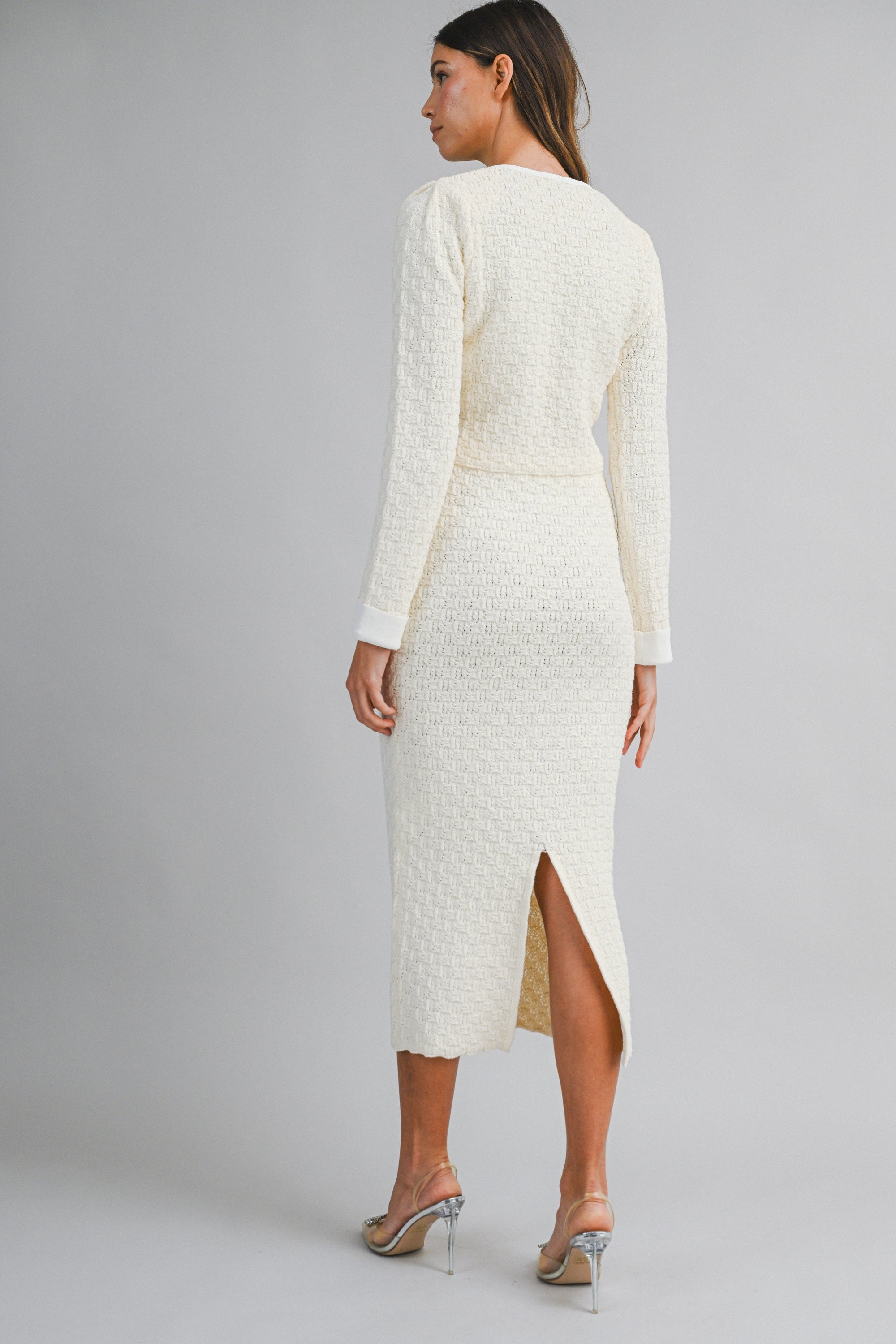 White Tweed Short Sleeve Cropped Jacket and Midi Skirt Set