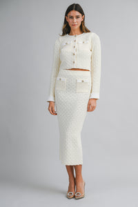 White Tweed Short Sleeve Cropped Jacket and Midi Skirt Set