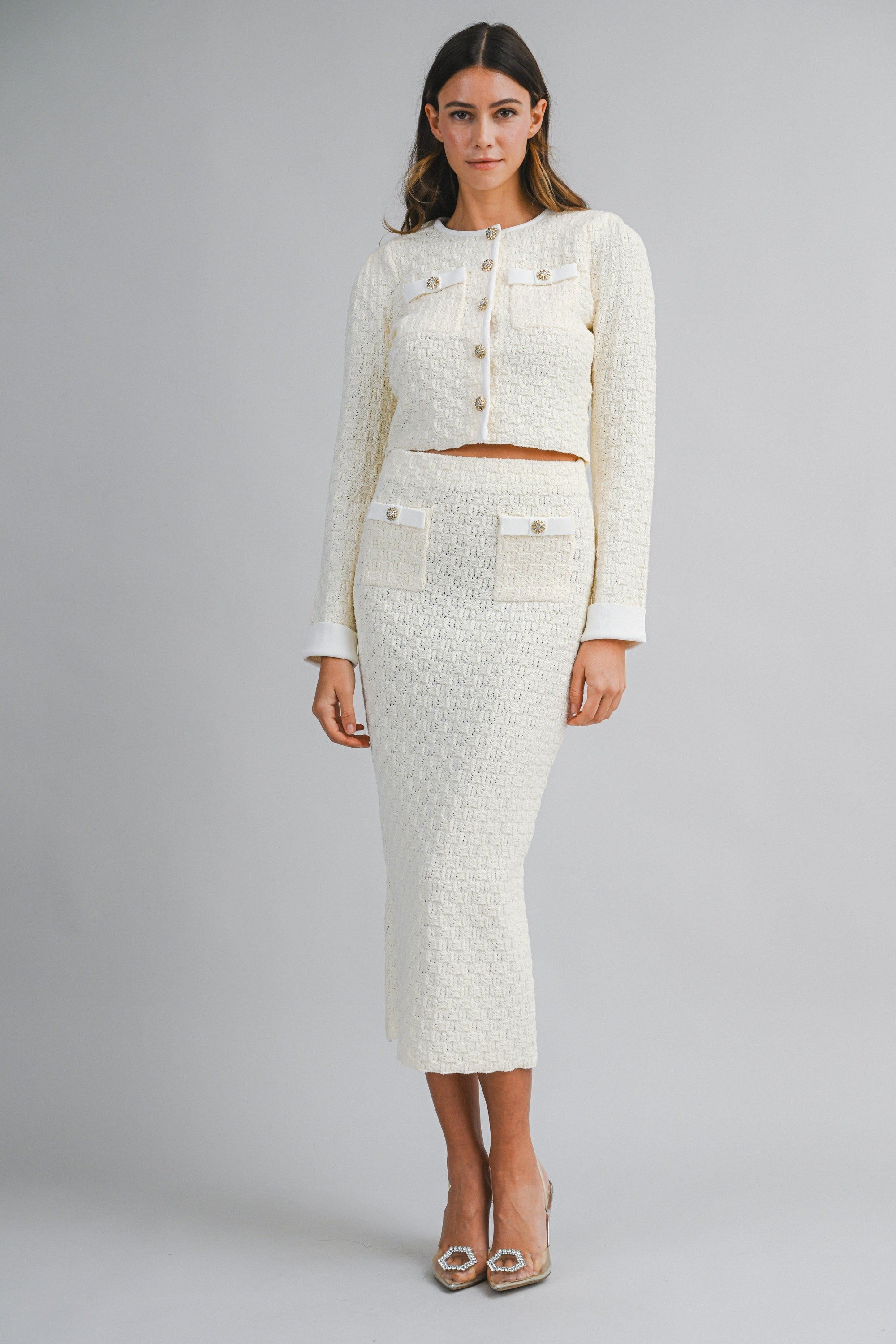 White Tweed Short Sleeve Cropped Jacket and Midi Skirt Set
