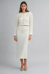 White Tweed Short Sleeve Cropped Jacket and Midi Skirt Set