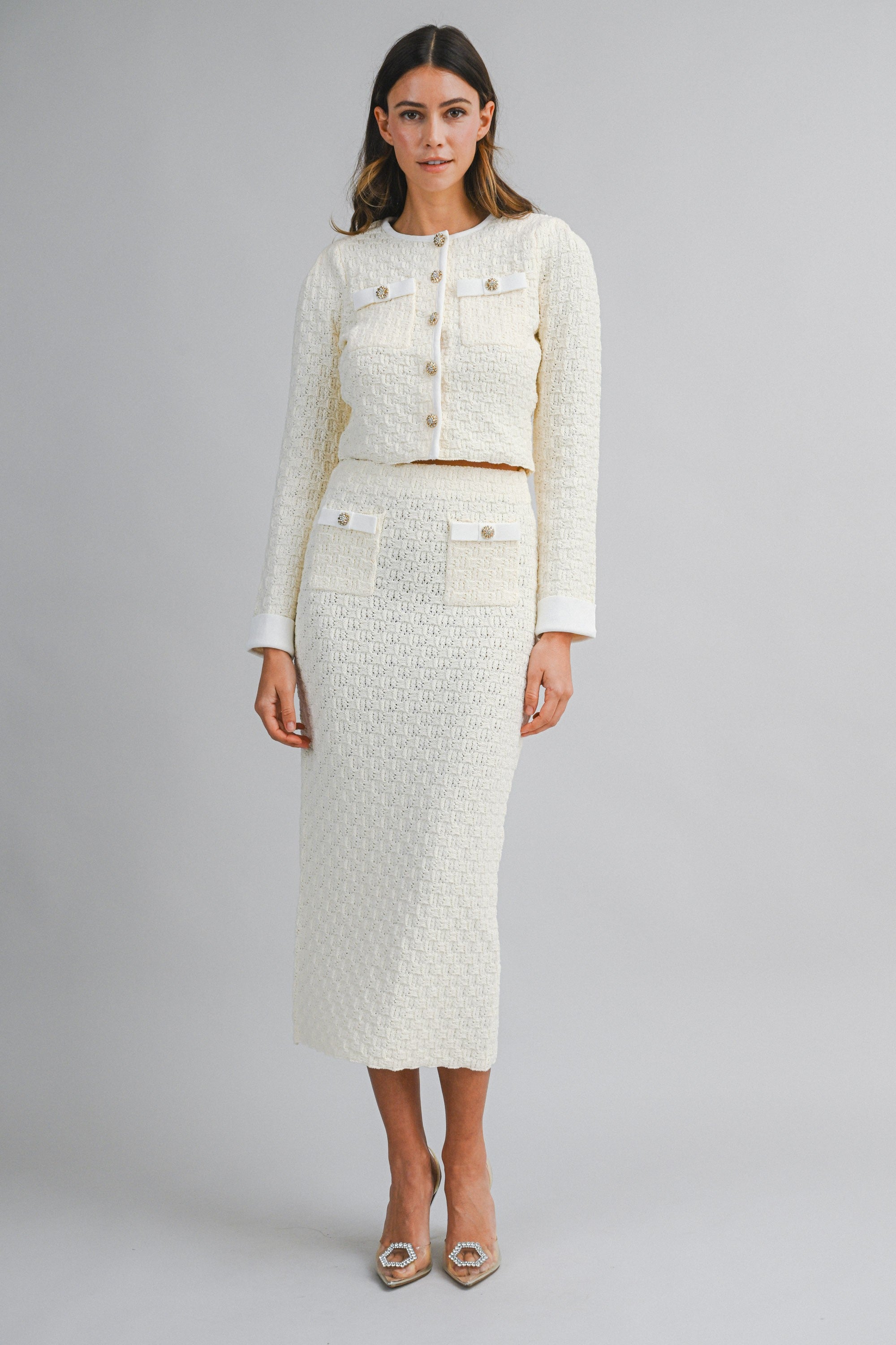 White Tweed Short Sleeve Cropped Jacket and Midi Skirt Set