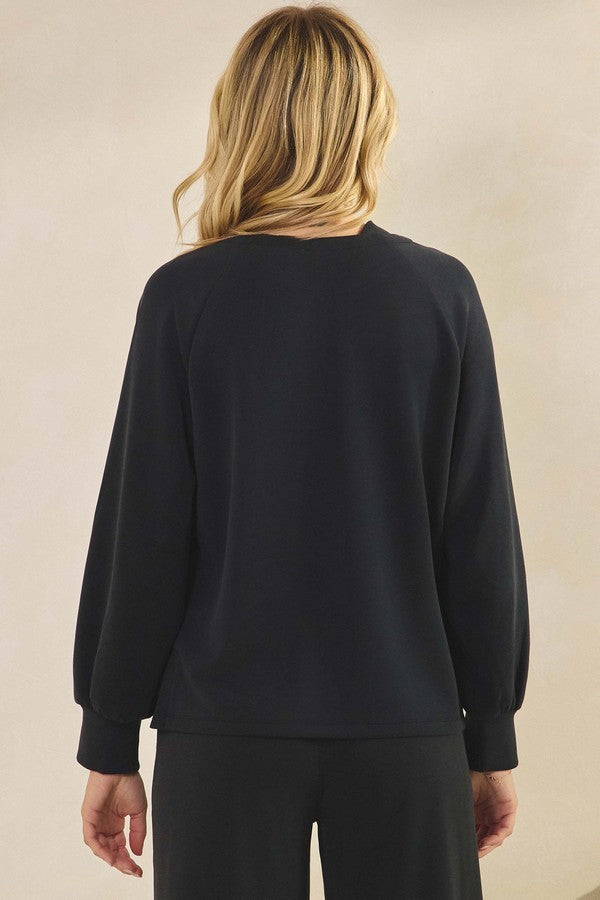 Black Relaxed Fit V-Neck Long Sleeve Blouse