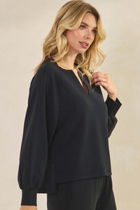 Black Relaxed Fit V-Neck Long Sleeve Blouse