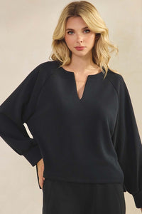 Black Relaxed Fit V-Neck Long Sleeve Blouse