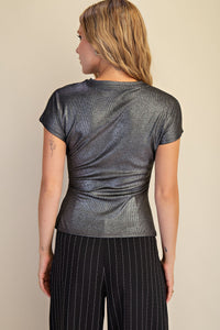 Metallic Black Short Sleeve Fitted Top