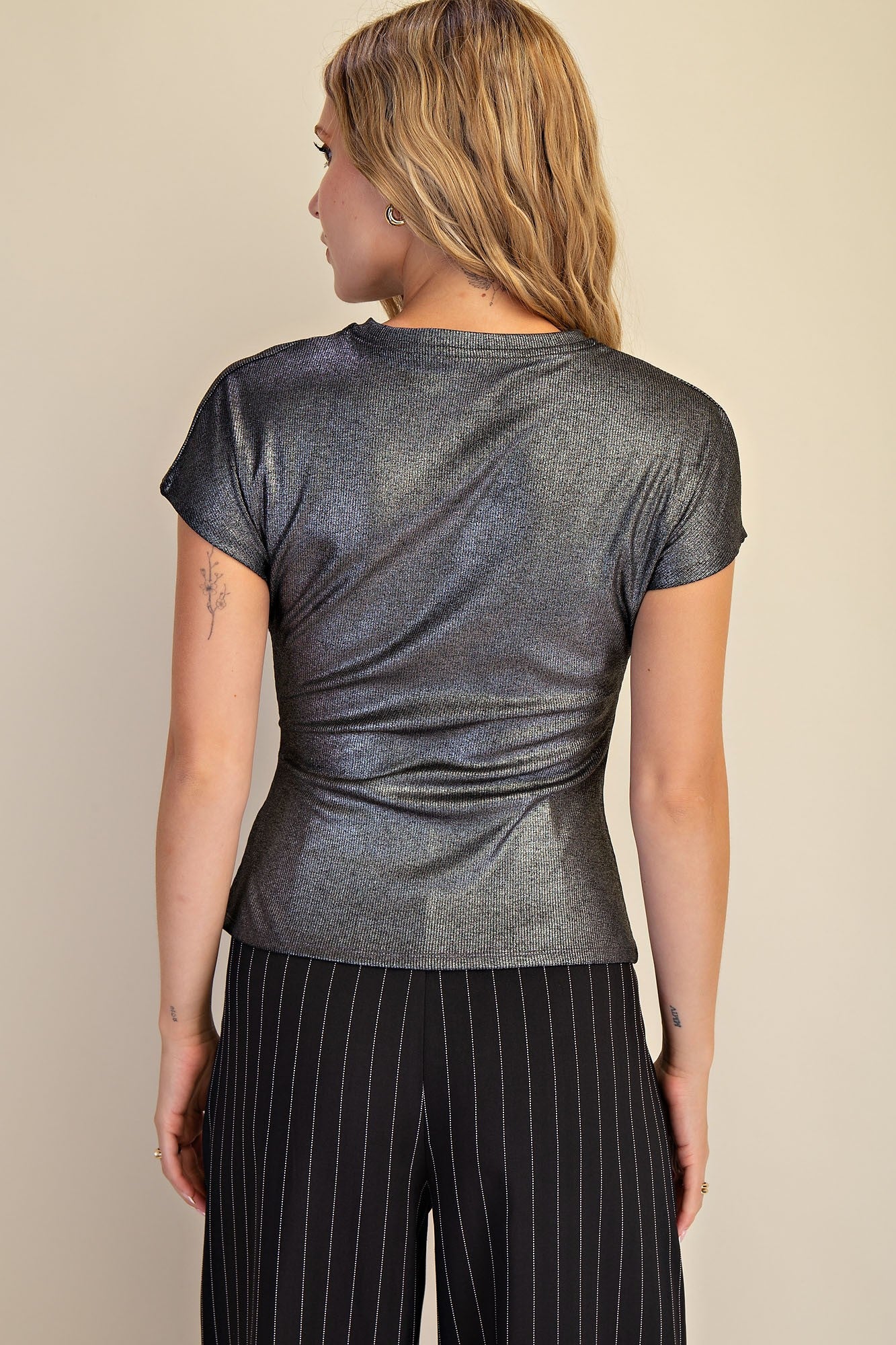 Metallic Black Short Sleeve Fitted Top