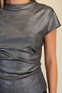 Metallic Black Short Sleeve Fitted Top