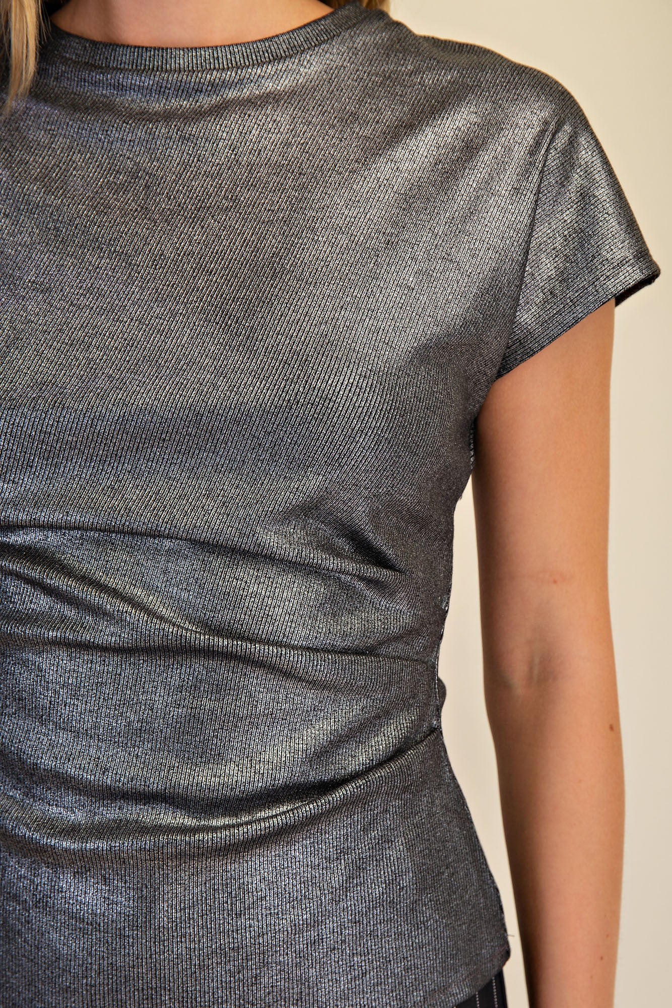 Metallic Black Short Sleeve Fitted Top