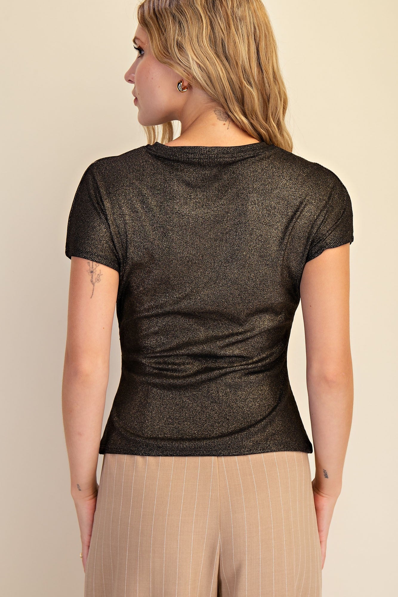 Metallic Gold Short Sleeve Fitted Top