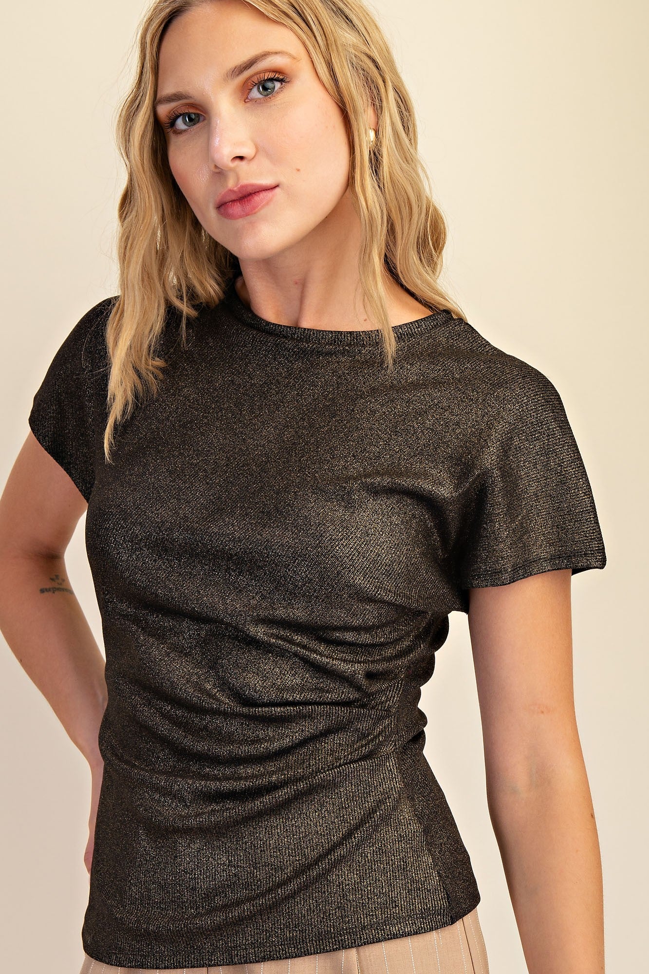Metallic Gold Short Sleeve Fitted Top