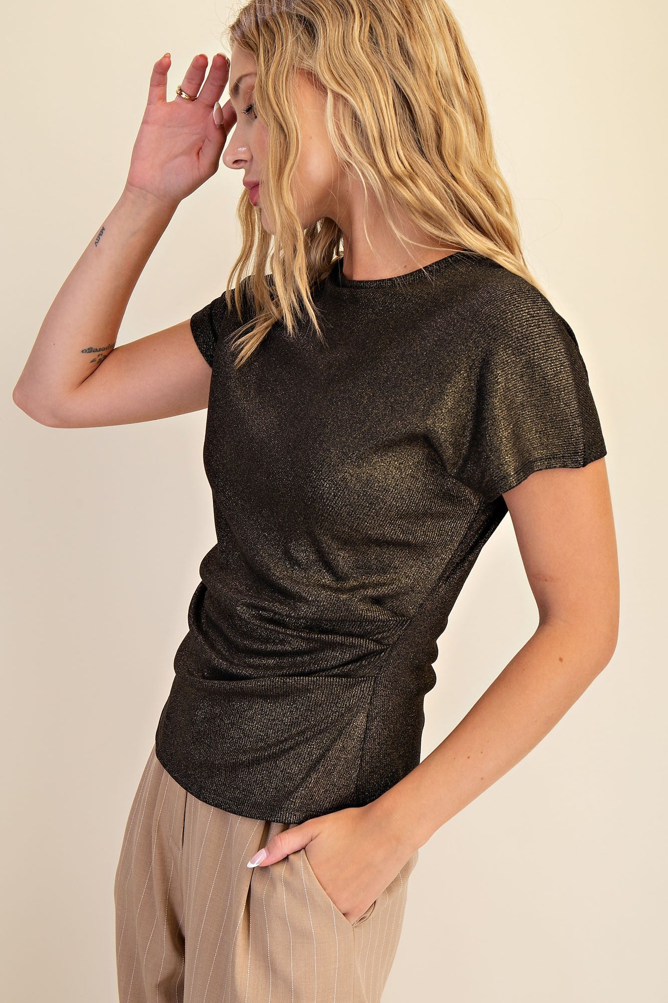 Metallic Gold Short Sleeve Fitted Top
