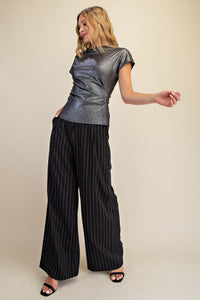 Metallic Black Short Sleeve Fitted Top