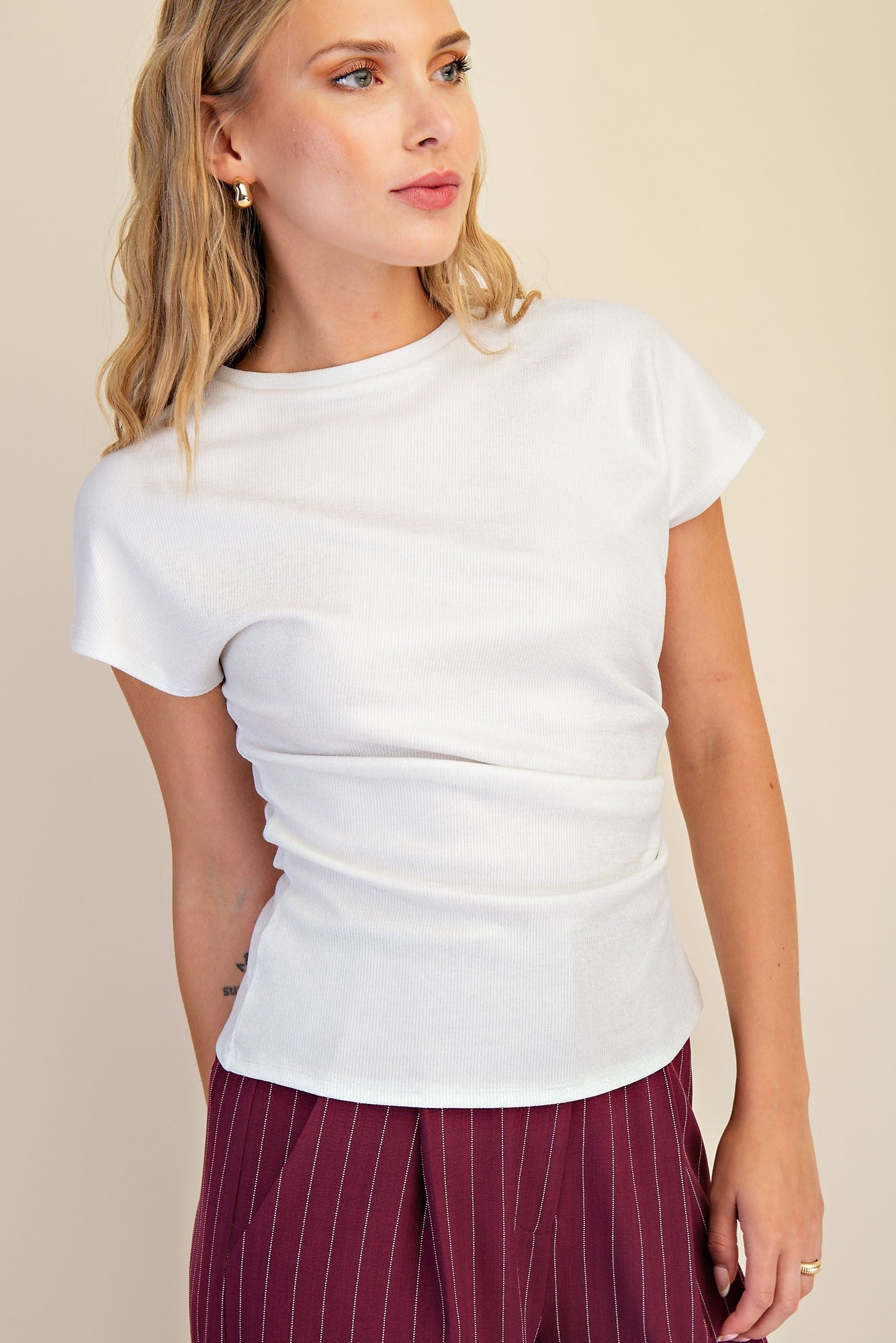 Metallic White Short Sleeve Fitted Top