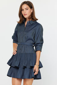 Tiered Denim Shirt Dress with Belt