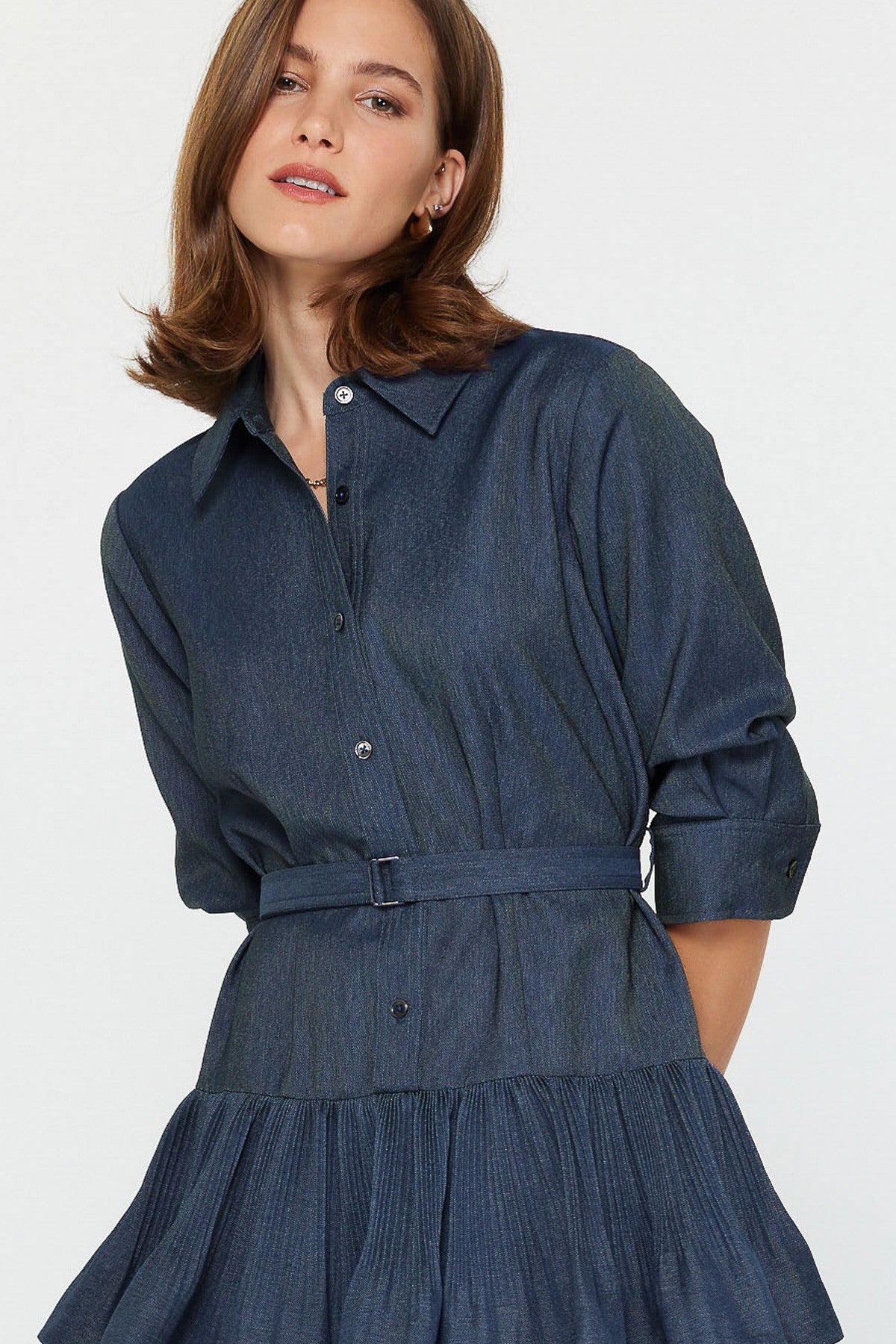 Tiered Denim Shirt Dress with Belt