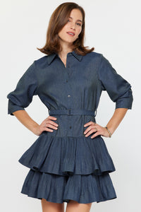 Tiered Denim Shirt Dress with Belt