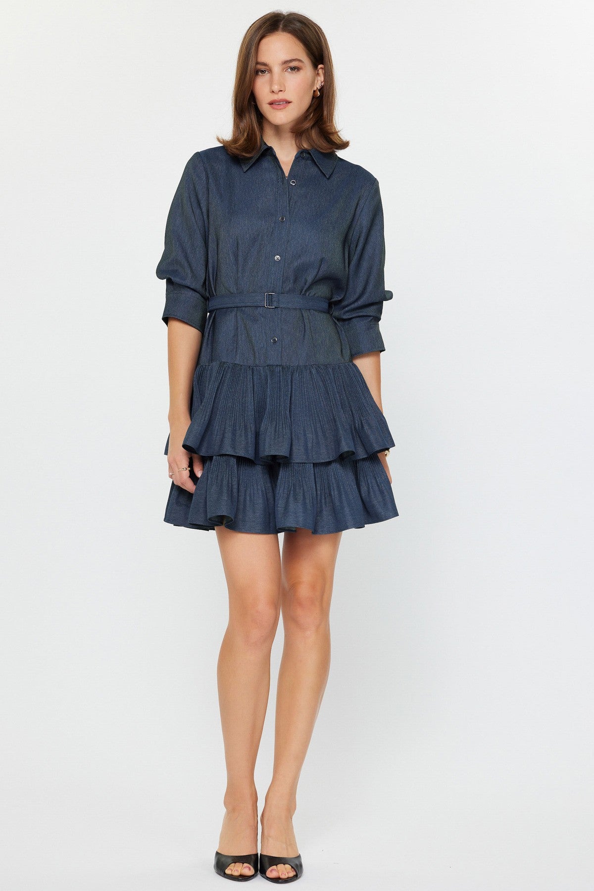 Tiered Denim Shirt Dress with Belt