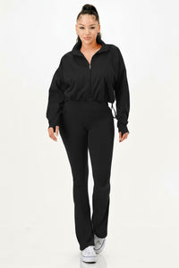 Zip-Up Cropped Jacket and High-Waisted Flare Leggings Set