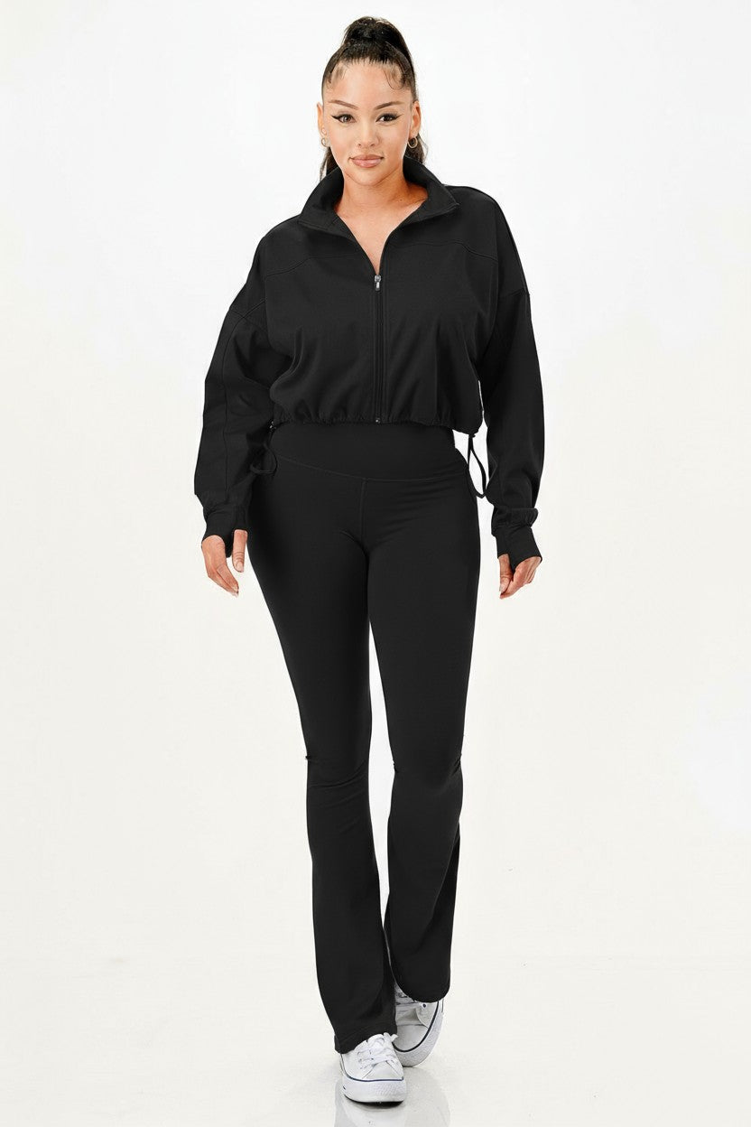 Black Zip-Up Cropped Jacket and High-Waisted Flare Leggings Set