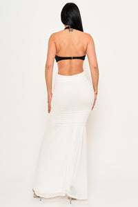 Black & White Halter Plunge Contrast Mermaid Maxi Dress