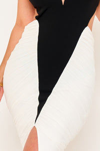 Black & White Halter Plunge Contrast Mermaid Maxi Dress