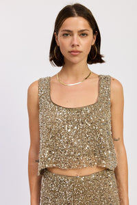 Gold Sequin Cropped Tank Top with Scoop Neckline