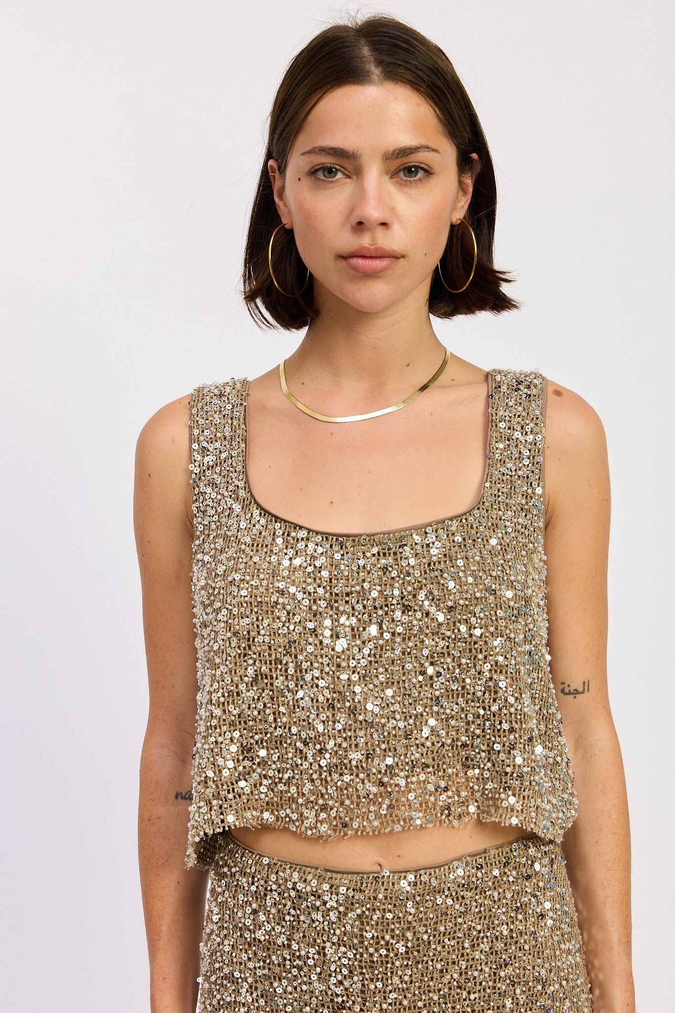 Gold Sequin Cropped Tank Top with Scoop Neckline