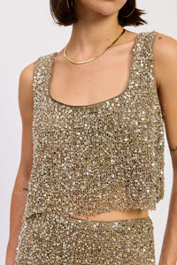 Gold Sequin Cropped Tank Top with Scoop Neckline