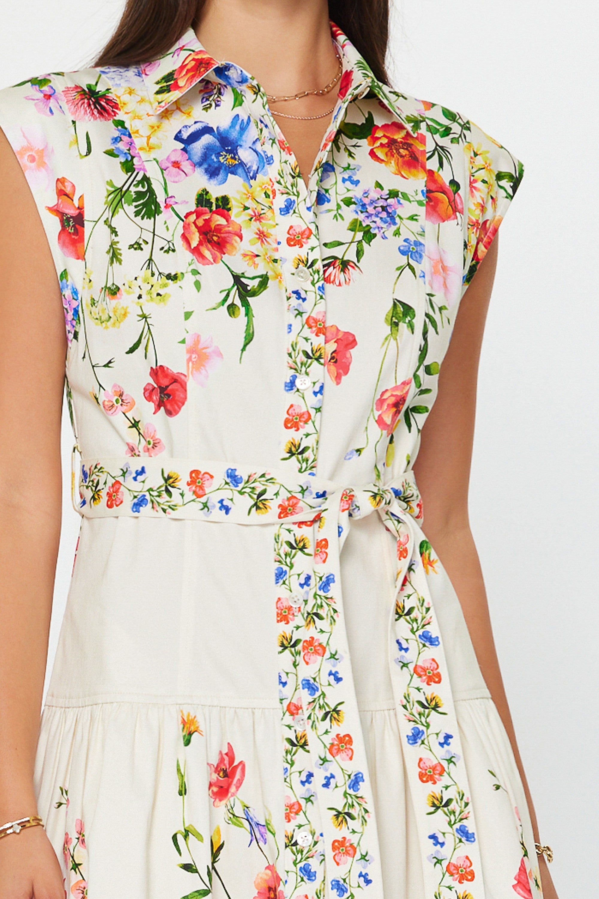 Sleeveless Floral Shirt Dress with Tie Waist