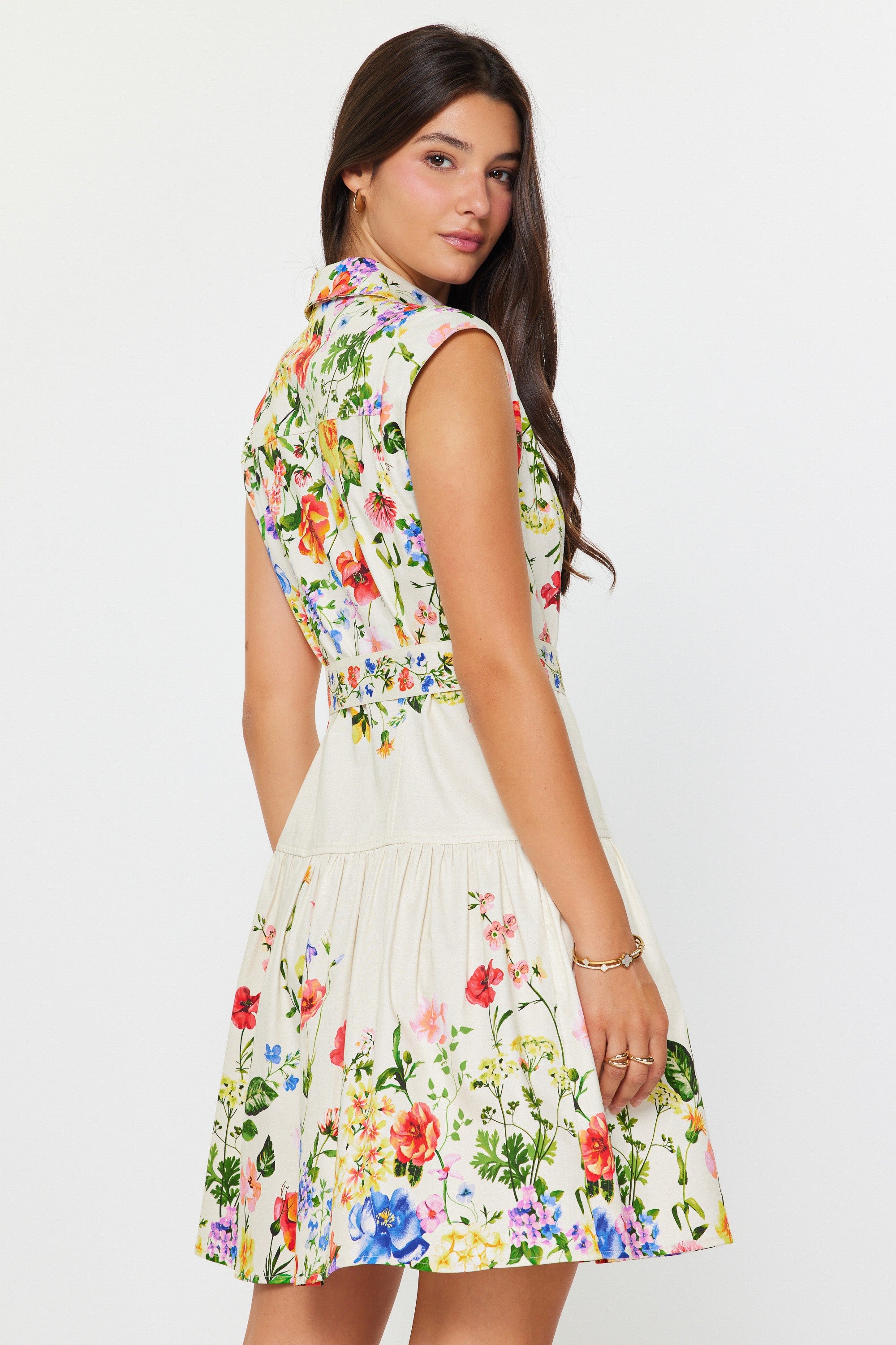 Sleeveless Floral Shirt Dress with Tie Waist