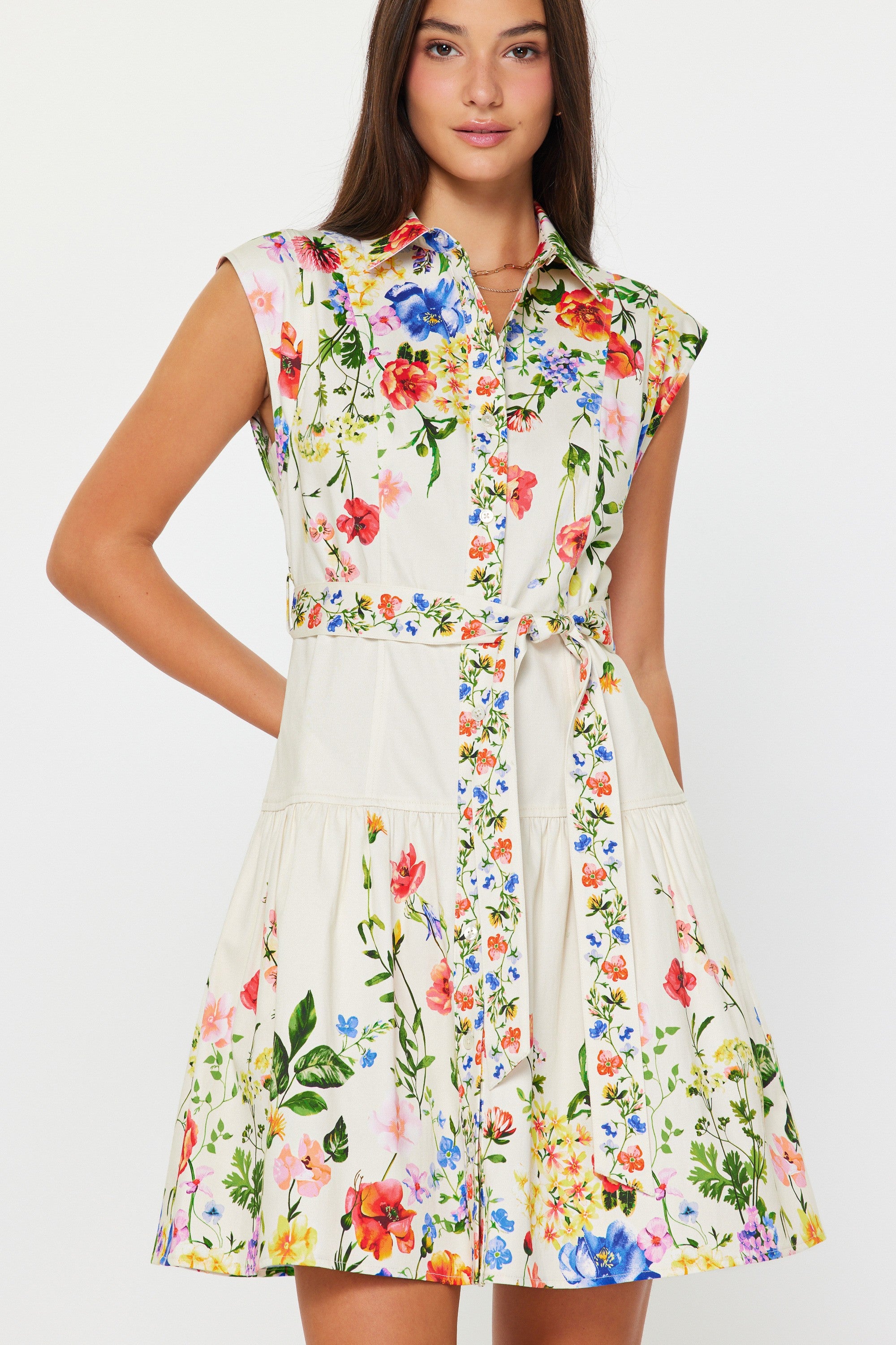 Sleeveless Floral Shirt Dress with Tie Waist