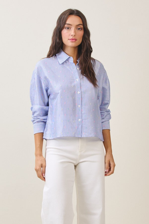 Blue Pinstripe Button-Up Shirt with Confetti Embroidery