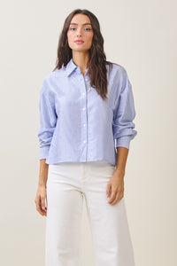 Blue Pinstripe Button-Up Shirt with Confetti Embroidery
