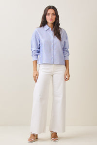 Blue Pinstripe Button-Up Shirt with Confetti Embroidery
