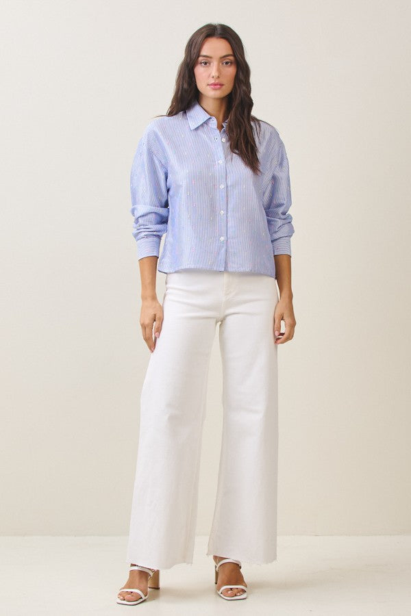 Blue Pinstripe Button-Up Shirt with Confetti Embroidery