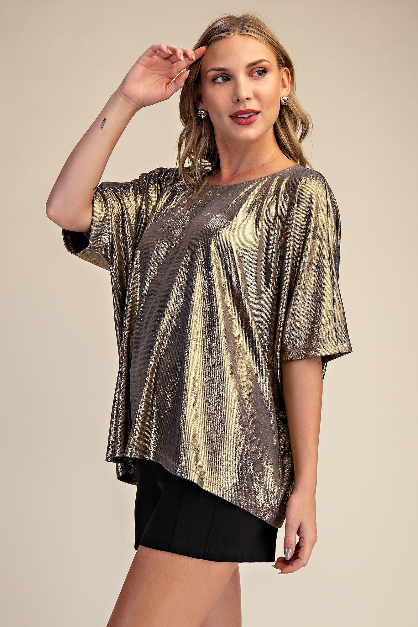 Metallic Gold Foil Dolman Sleeve Top