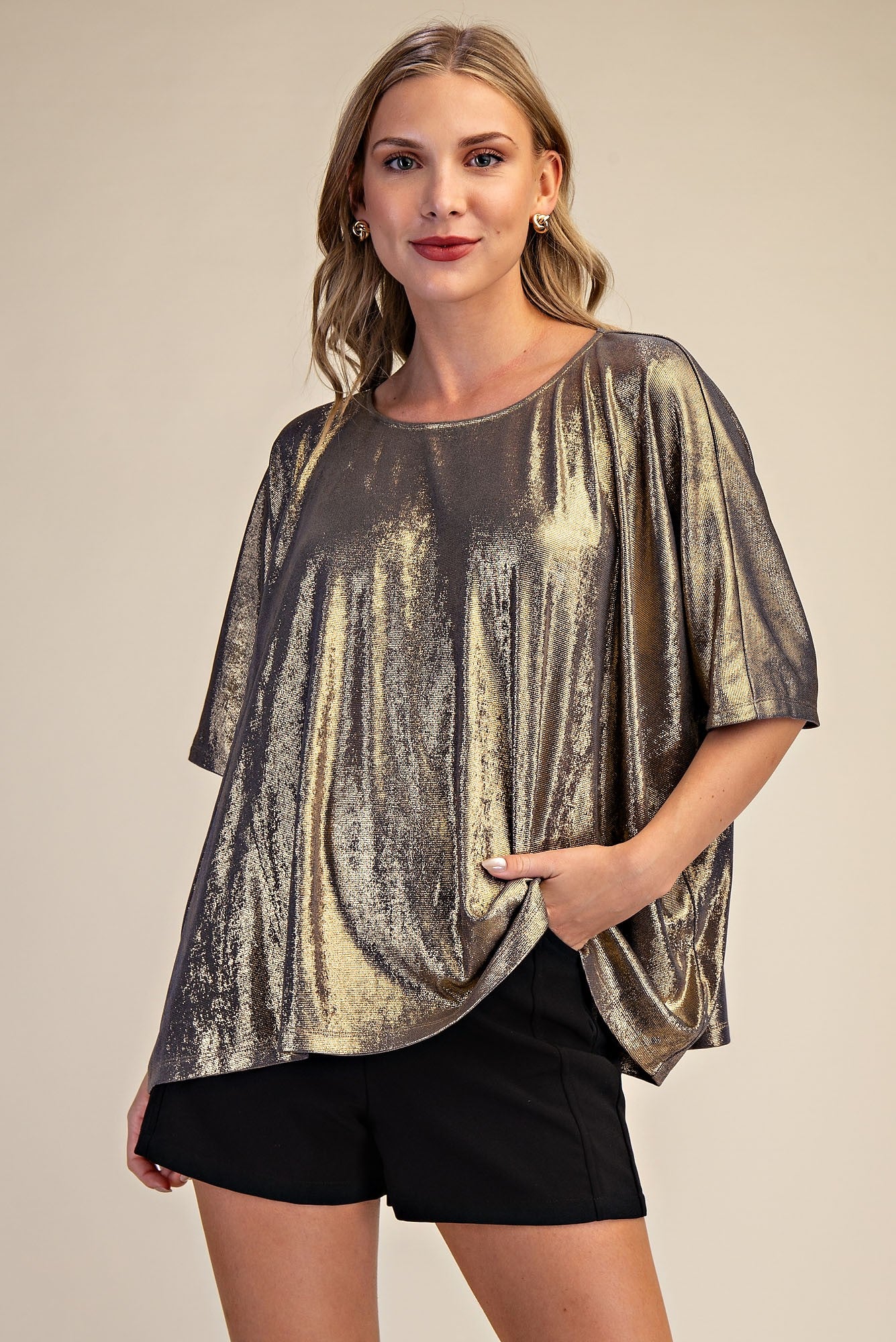 Metallic Gold Foil Dolman Sleeve Top
