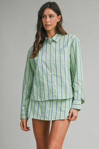 Green Striped Button Down Shirt and Mini Skirt Set