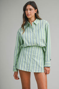 Green Striped Button Down Shirt and Mini Skirt Set