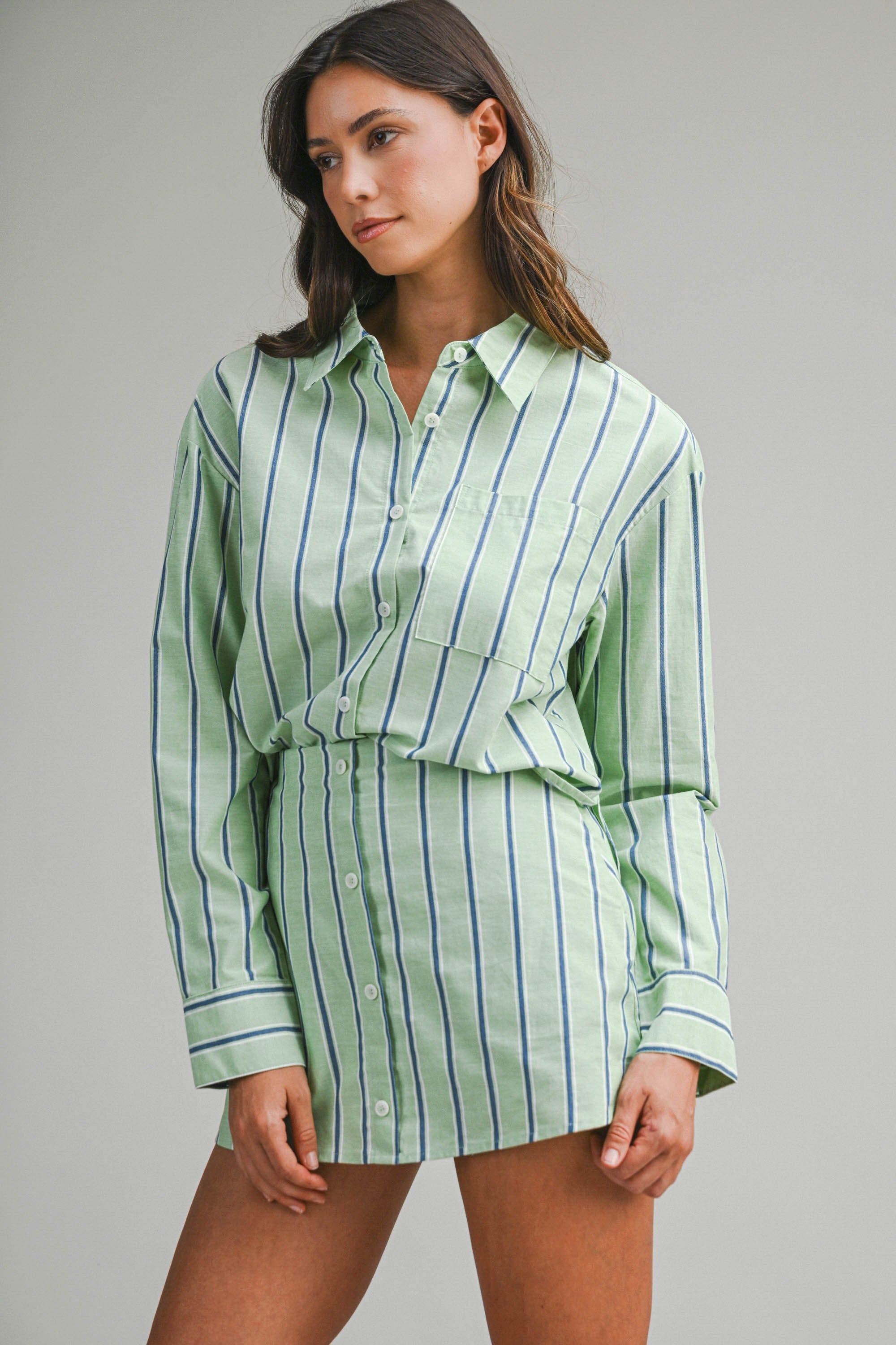 Green Striped Button Down Shirt and Mini Skirt Set
