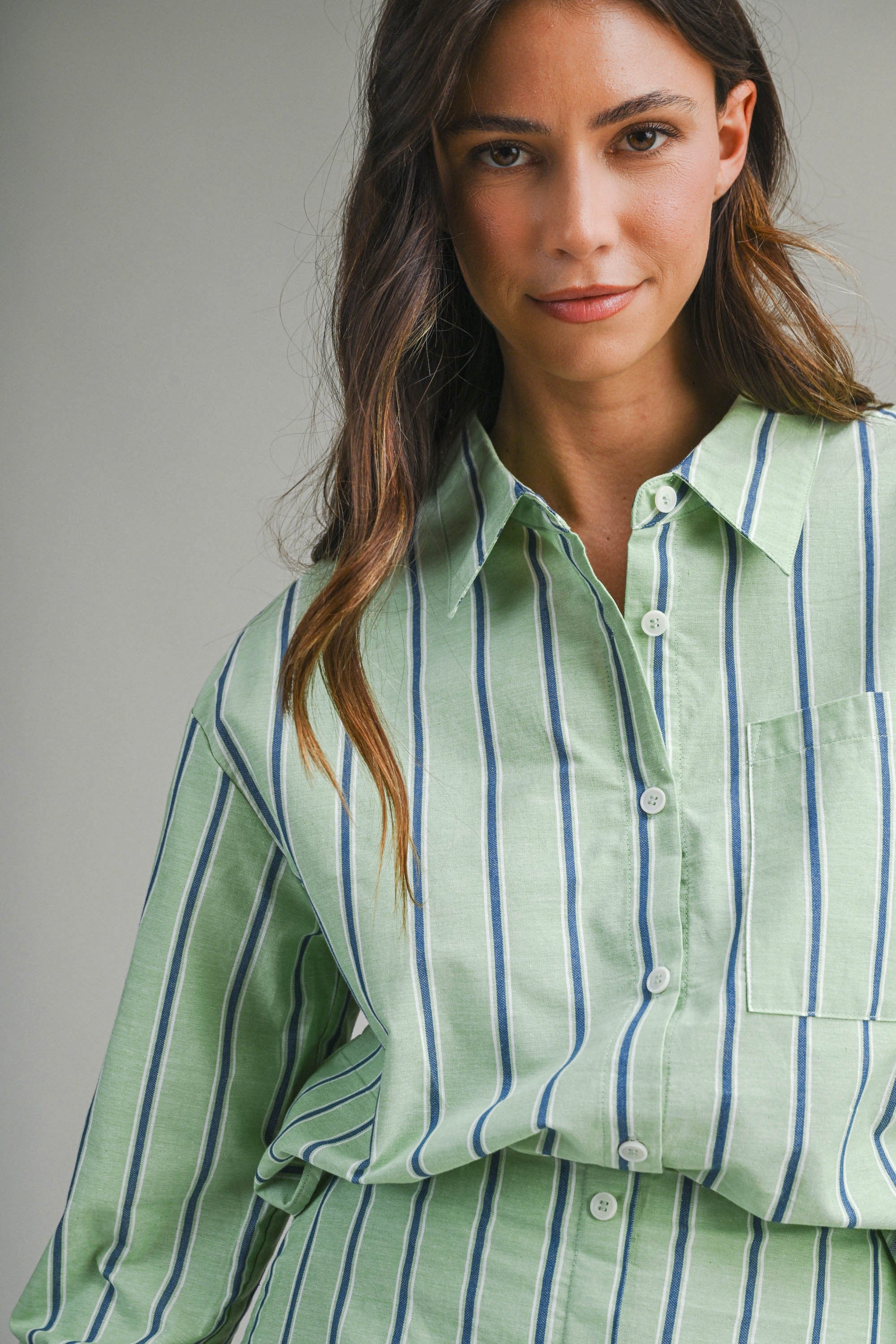 Green Striped Button Down Shirt and Mini Skirt Set