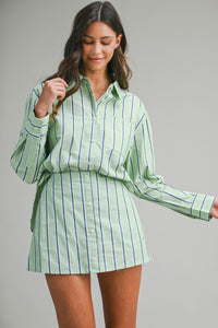 Green Striped Button Down Shirt and Mini Skirt Set