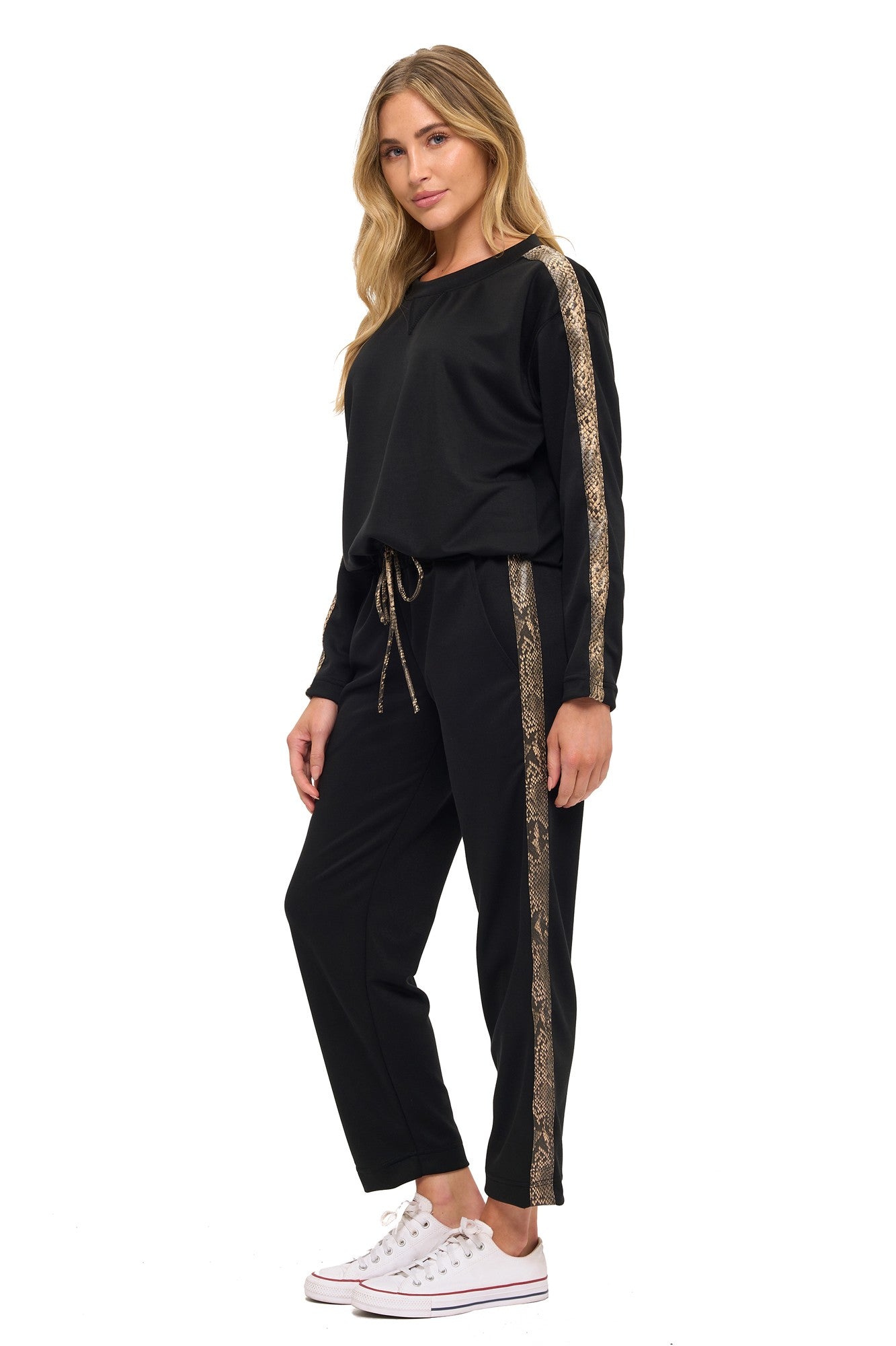 Black Snake Print Stripe Long Sleeve Lounge Top
