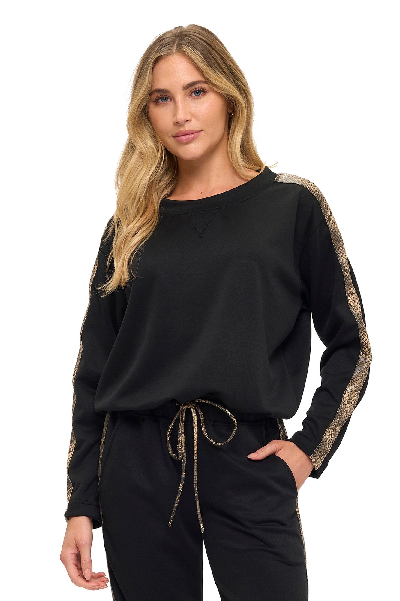 Black Snake Print Stripe Long Sleeve Lounge Top