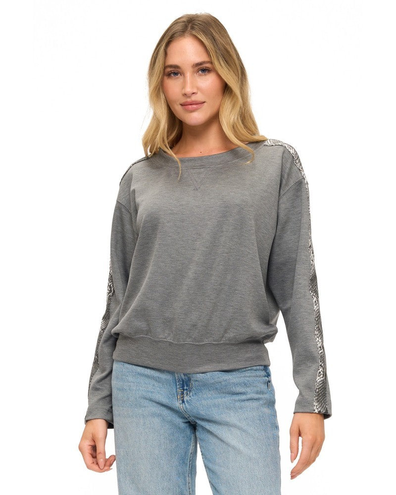 Gray Snake Print Stripe Long Sleeve Lounge Top