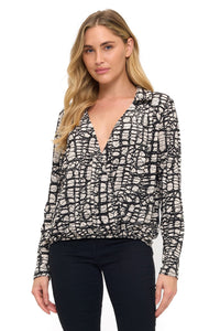 Abstract Print Long Sleeve Surplice Blouse – Black & Cream Draped V-Neck Top