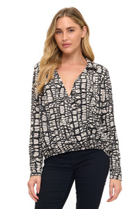 Abstract Print Long Sleeve Surplice Blouse – Black & Cream Draped V-Neck Top